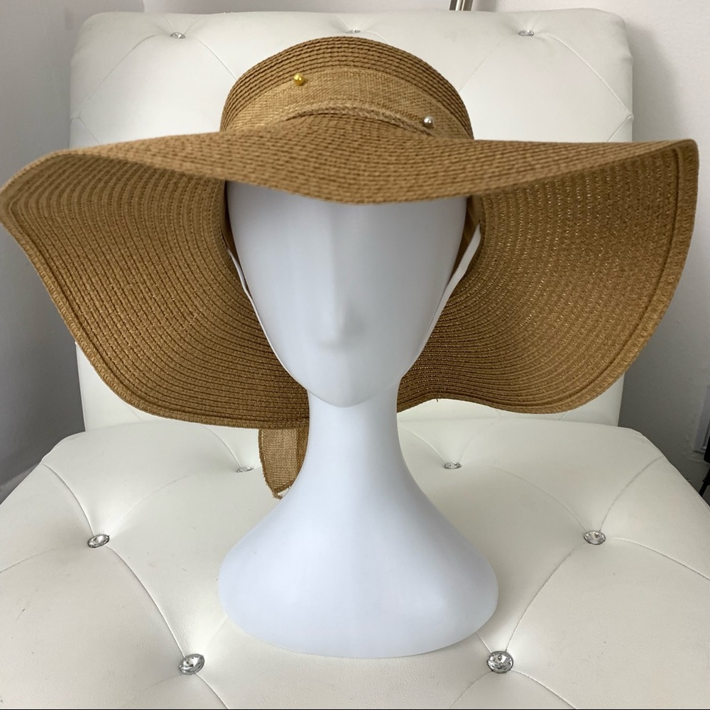 NEW Boho Wide Brim Chin Band Stud Pearl Bow Embellished Floppy Straw Hat Brown